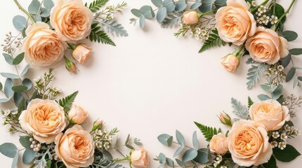 Rose Flower Frame with Peach Roses, Eucalyptus Leaves, and Delicate Buds on a Light Background Featuring Floral, Border, Wreath