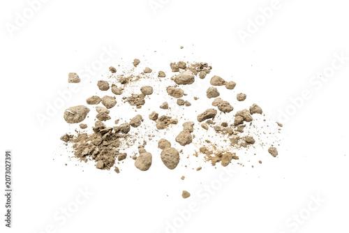 Obraz na płótnie Small scattered clumps of dry soil, dust, and pebbles on a Transparent background, isolated with copy space for themes of dirt, debris, cleanup, construction, or gardening