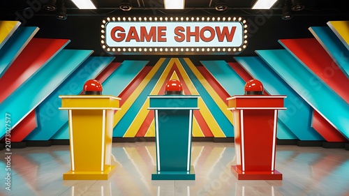 Colorful game show stage with podiums and bright television studio set