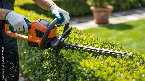 Professional gardener trimming green hedge with electric hedge trimmer in sunny backyard