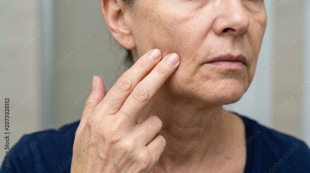 Fototapeta premium Close-up of mature woman's face showing skin texture and wrinkles