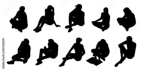 Foto set of people sitting on the floor isometric view silhouettes for architectural presentation