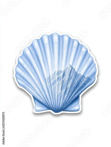 Blue seashell illustration featuring a mountain landscape inside, showcasing intricate details and textures, suitable for nature-themed designs or coastal decor