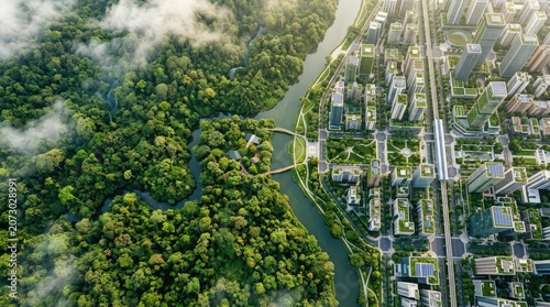 City Planning Concept Showing Urban Development with Lush Forest Landscape and River Corridor with Integrated Green Buildings