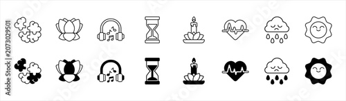 Konstfotografi Wellness and Mood Icons Covering Brain Health, Lotus, Healing Music, Rest Time,