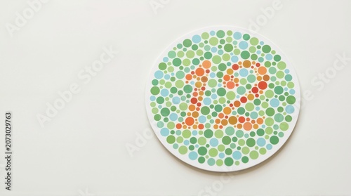 Circular Ishihara color blindness test plate with the number twelve. Medical vision diagnostic chart on a white background. Copy space for text