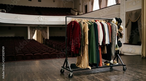 Rolling costume rack filled with theatrical clothing on a wooden stage. Vintage wardrobe preparation in an empty classic theater auditorium