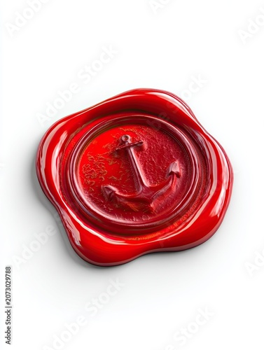 Red wax seal with an anchor imprint on a smooth surface, showcasing intricate details and a glossy finish, ideal for invitations or official documents