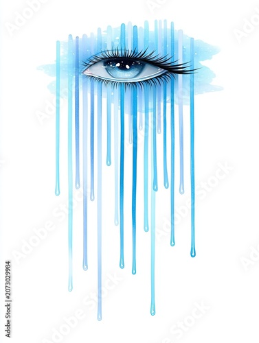 Artistic illustration of a blue eye with watercolor drips in shades of blue, creating a visually striking and abstract design on a white background