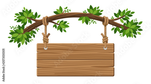 Wooden sign hangs on green tree branch