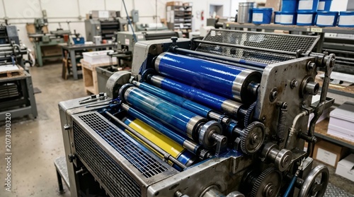 Blue ink on the roller mechanism of an offset printing press. Industrial commercial printing machine gears and cylinders. Print shop production equipment