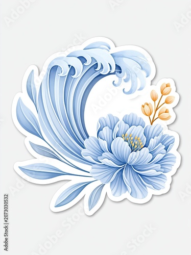 Blue wave illustration with stylized floral elements, featuring a large peony and delicate leaves, creating a harmonious blend of nature and water motifs