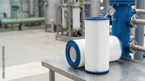 Industrial water filtration system replacement cartridges on a metal table. Factory purification equipment and machinery