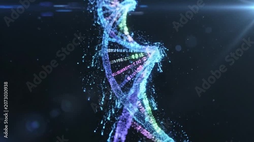 Close-up view shows stylized DNA double helix built from glowing particles, twisting upward along diagonal path against near-black background with vibrant color accents and subtle lens flare
