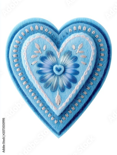 Blue embroidered heart-shaped patch featuring floral design with intricate detailing and contrasting colors, suitable for decorative or craft applications
