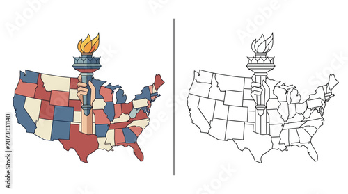 Foto USA Map with Statue of Liberty Torch, Color and Outline Versions