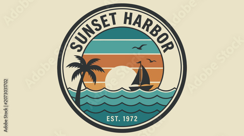 A serene sunset scene with a sailboat and palm tree in a coastal harbor