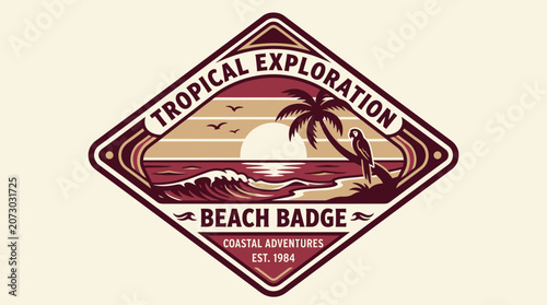 Vibrant Tropical Exploration Beach Badge Illustration with Sunset and Palm Trees