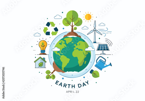 Obraz na plátně Earth Day illustration with green globe, trees, and eco-friendly symbols
