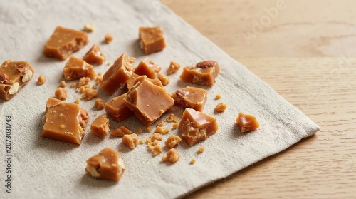 Shattered pieces of golden brown toffee candy with nuts. Broken caramel brittle scattered on a linen napkin over a wooden table