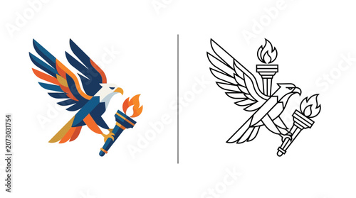 Eagle Holding Torch Logo: Colorful and Line Art Comparison