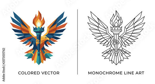 Geometric Eagle Holding Torch Emblem - Colorful & Line Art Version