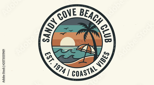 A serene beach club sign with palm trees and sunset background