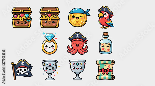 Billede på lærred Cute pirate treasure icons collection