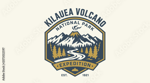A scenic logo design of Kilauea Volcano National Park Expedition features mountains and trees.
