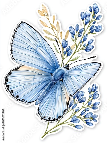Blue butterfly illustration with delicate flowers, featuring intricate wing patterns and soft hues, creating a visually appealing nature-themed design