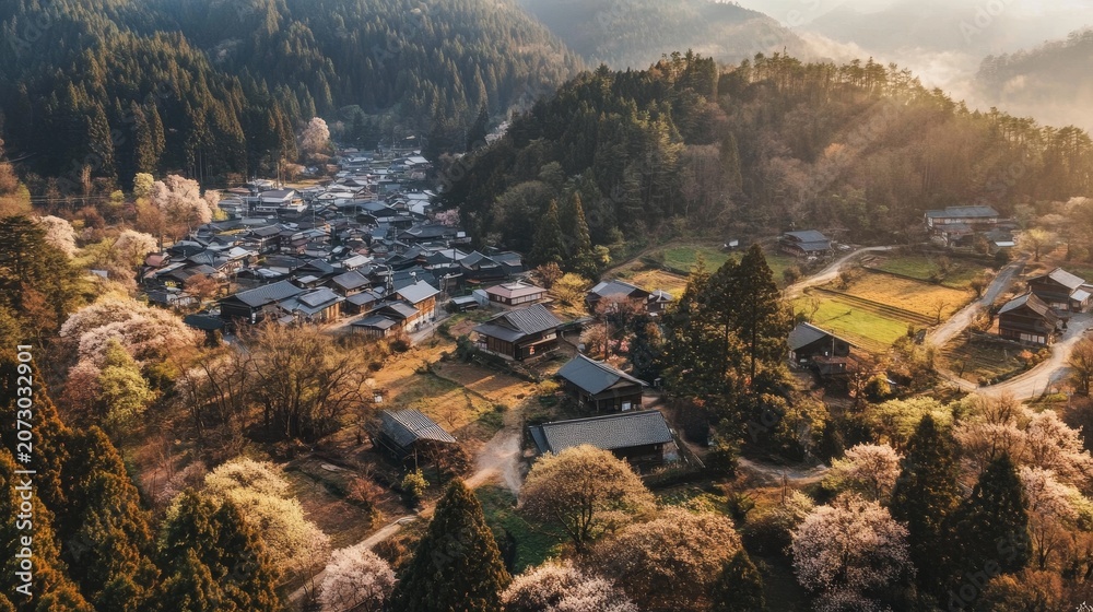 Obraz premium Aerial view of a traditional japanese village nestled in a valley surrounded by lush green mountains and blooming trees