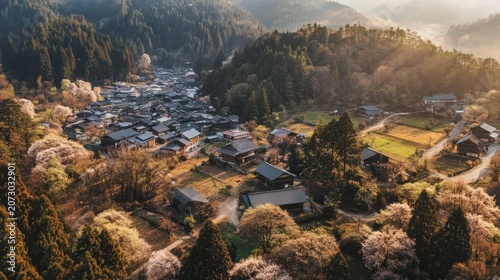 Aerial view of a traditional japanese village nestled in a valley surrounded by lush green mountains and blooming trees