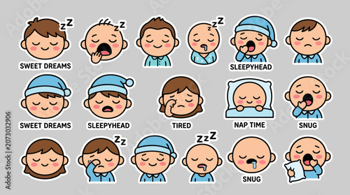 Konstfotografi Cute sleepy face expressions icon set