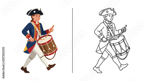 Fotografie Colonial Drummer Boy Marching with Drum and Drumsticks, Color and Outline