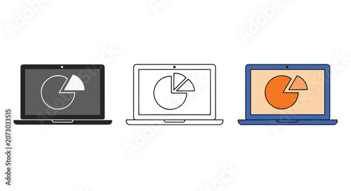 Three laptops displaying pie chart graphs in different colors and styles side by side