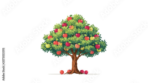 Colorful cartoon tree with green leaves and brown trunk Vector