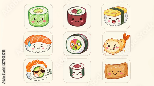 Cute sushi and food icons with faces