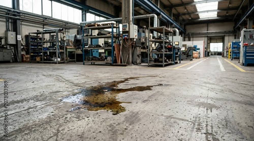 Dark oil stain spilled on a concrete floor in a factory. Industrial leak and hazard on a workshop floor. Mechanical maintenance and workplace safety concept