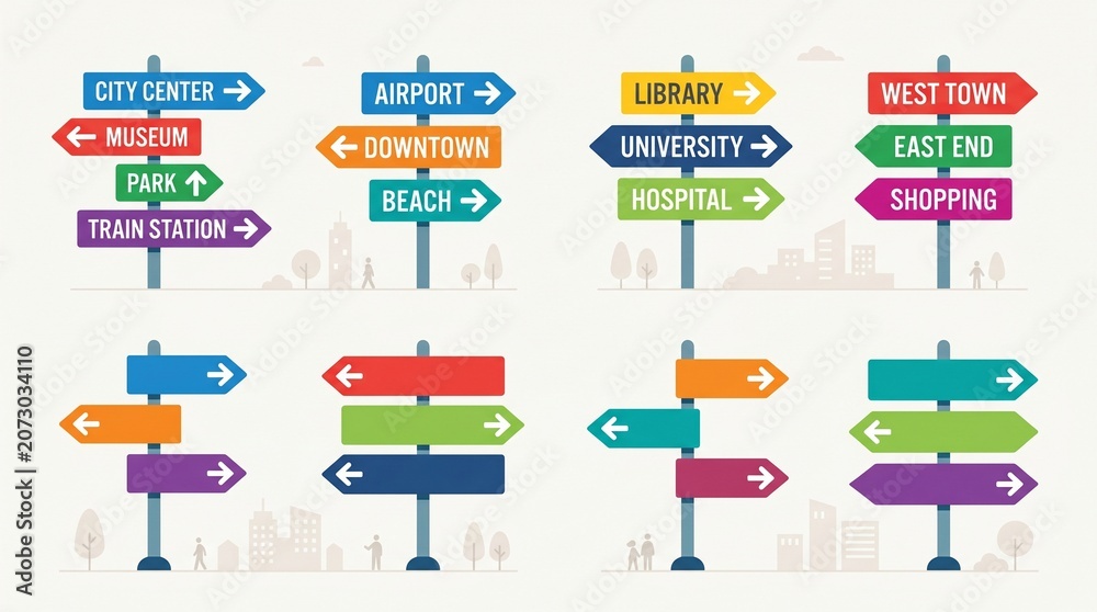 Fototapeta premium Colorful Street Directional Sign Post Set for City Navigation and Information