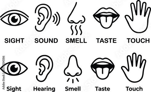 Five human senses icons set including sight sound smell taste
