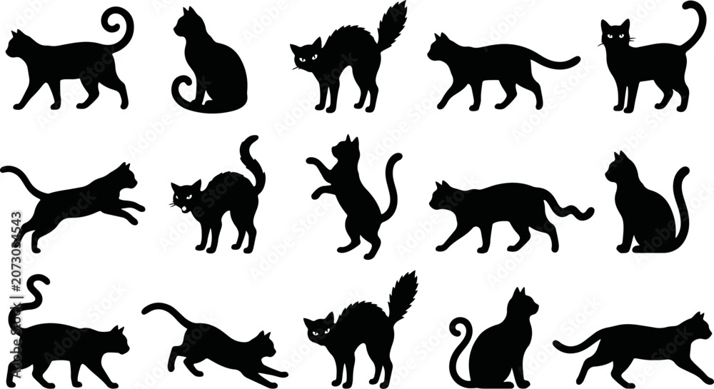 Obraz premium Set of halloween black cat animal cartoon illustration. Funny hand drawn witch cats collection on isolated background.