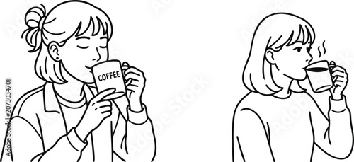 Young women drinking hot coffee from mugs line art illustration