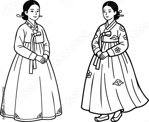 Two women wearing traditional korean hanbok dresses
