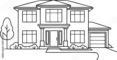 Simple line drawing of a modern house with a garage