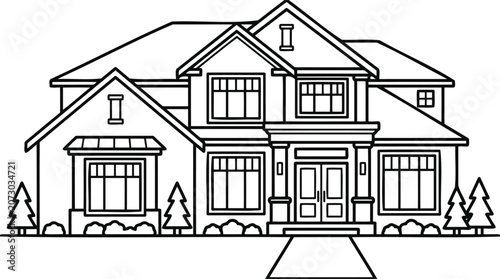Black and white line art drawing of a large suburban house