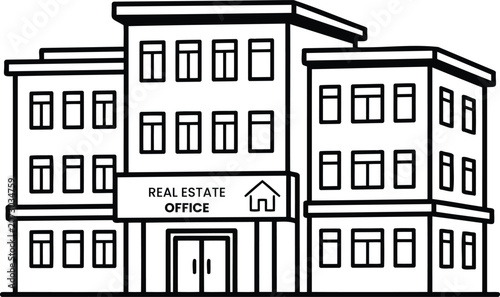 Black and white line drawing of a real estate office building