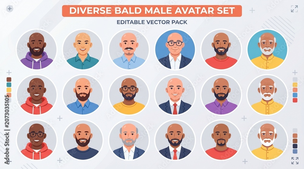 Fototapeta premium Diverse Bald Male Avatar Set for Professional Profile Icons and Web Design