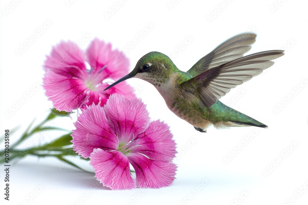 Obraz premium Close-up photograph of a hummingbird feeding beside three pink dianthus on a white studio background