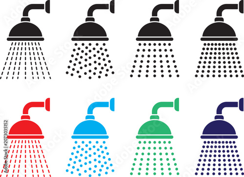 Set of shower head icons with different water spray patterns, vector illustration