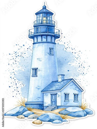 Watercolor illustration of a tall lighthouse with a blue and white color scheme, surrounded by rocks and grass, depicting a coastal scene with a clear sky